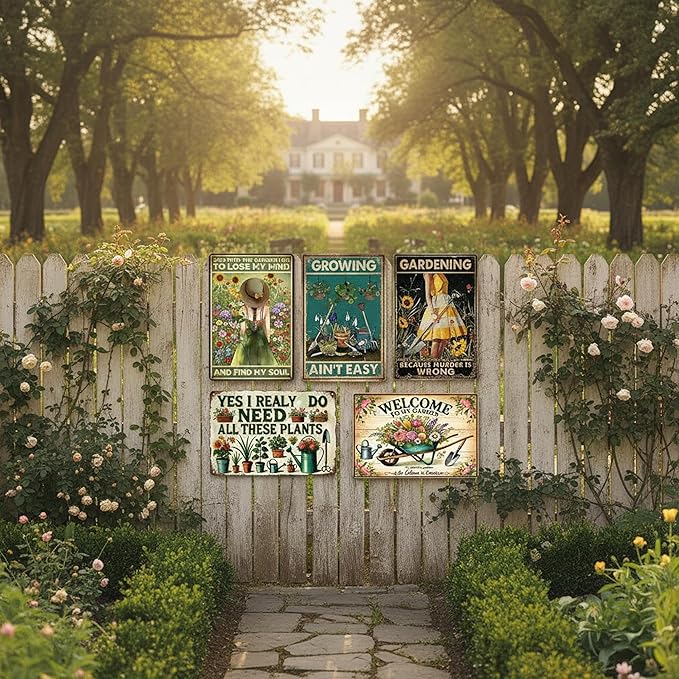 Funny Metal Garden Sign, 8" x 12" Vintage Gardening Decor - 5Pcs Women's Garden Gifts, Weather-Resistant Metal Wall Art for Yard, Backyard, Patio & Porch