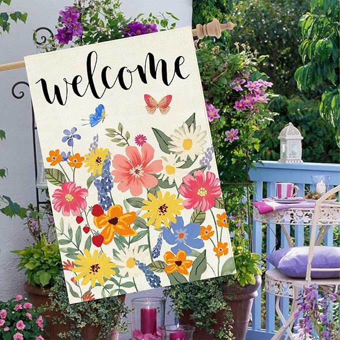 Baccessor Spring Summer Welcome House Flag Double Sided 28x40 Inch Burlap,Floral Butterflies Large Garden Flag Porch Patio Front Entry Yard Seasonal Farmhouse Outside Outdoor Decor