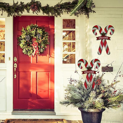 Christmas Candy Cane Garden Stake Decor, Metal Candy Cane Hanging Welcome Sign Outdoor Yard Sign Lawn Stake 27.5"H, Merry Christmas Yard Decor Xmas Holiday Decoration