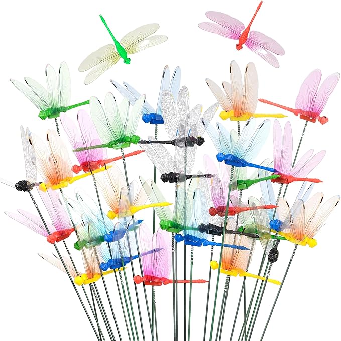 25 Pcs Dragonfly Garden Stakes, 3D Plastic Dragonfly Ornaments, Waterproof Outdoor Decor with 5 Colors for Yard, Patio & Indoor Plants