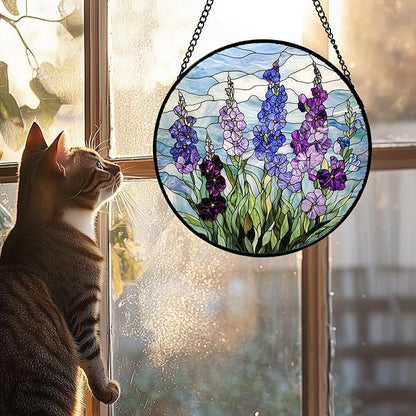 Stained Glass Window Hanging - Blue Purple Delphinium Suncatcher for Door Garden Home Decor Birth Flower Sun Catcher Birthday for Friend Lovers Women Mom Nana 11.8 in