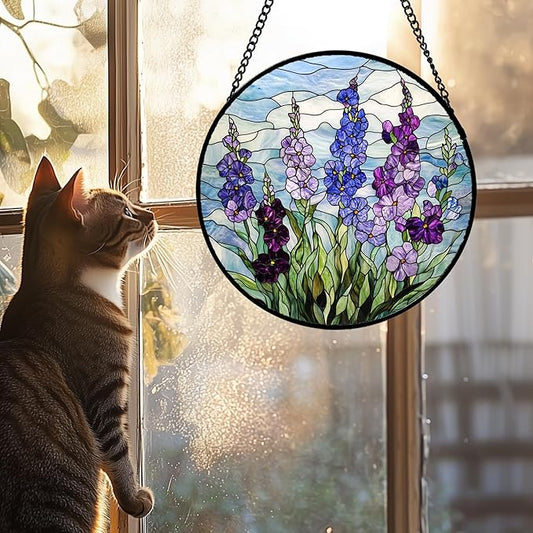 Stained Glass Window Hanging - Blue Purple Delphinium Suncatcher for Door Garden Home Decor Birth Flower Sun Catcher Birthday for Friend Lovers Women Mom Nana 11.8 in