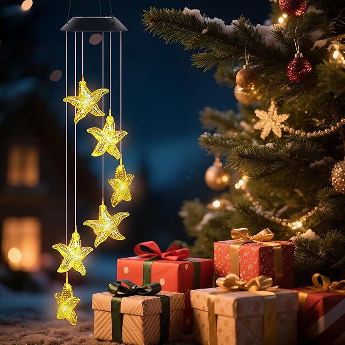 Starfish Wind Chime,Christmas Solar Wind Chimes for Outside,Waterproof Hanging Solar Lights 6 Color Changing LED Light Windchime Outdoor Decor Gift for Holiday Garden Porch Patio Yard Decor