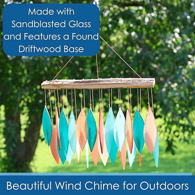 Blue Handworks Coral and Teal Glass & Driftwood Chime, Sandblasted Glass and Found Wood Handcrafted Wind Chime