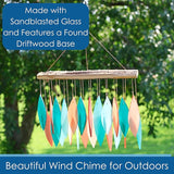 Blue Handworks Coral and Teal Glass & Driftwood Chime, Sandblasted Glass and Found Wood Handcrafted Wind Chime