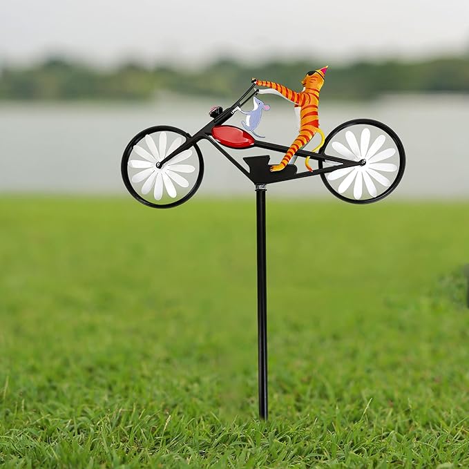Vintage Cat Bicycle Wind Spinner, Funny Animal Riding Bike Metal Spinners Decoration Sculptures, Colorful Kinetic Pinwheels with Stakes for Yard Garden Lawn, Pet Pin Wheels Outdoor Decor