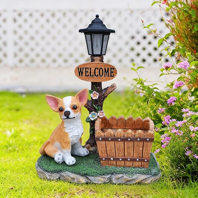 Solar Garden Statue with Planter & Solar Lantern, Outdoor Resin Animal Sculpture, Waterproof Yard Lawn Decor Pot for Succulents, Front Porch Ornament Housewarming Gift (Chihuahua)