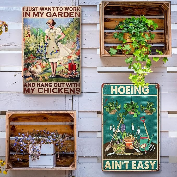MorningRo 2 Pcs Funny Metal Tin Garden Sign 12'' x 8'' Gifts for Plant Lovers Women Grandma Mom Garden Decor Metal Tin Sign for Farmhouse Greenhouse Patio Yard Wall Decor Indoor Outdoor(Female, Home)