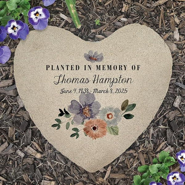 GiftsForYouNow Personalized Heart Memorial Garden Stone with Flowers – Custom Engraved Outdoor Tribute Marker with Name and Dates for Remembrance or Sympathy Gift