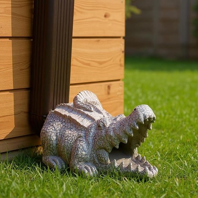 Crocodile Statue Gutter Downspout Extensions, Rain Gutter Downspout Splash Block Cover Sculpture Decorative, 3" × 4" Downspouts