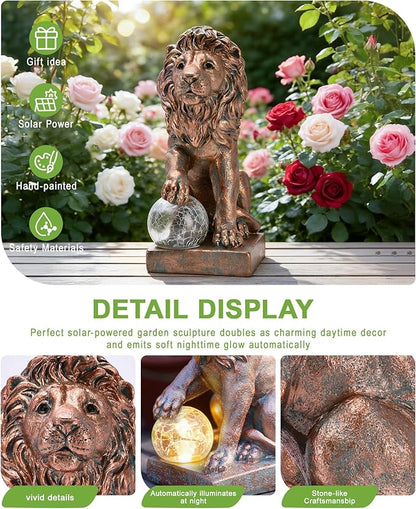 Nacome Guardian Lion Garden Decor: Outdoor Decoration Statue with Ball Lights for Yard Art Porch Patio Balcony - Unique Birthday Choice for Women Mom Lover - 9.45in (Copper)
