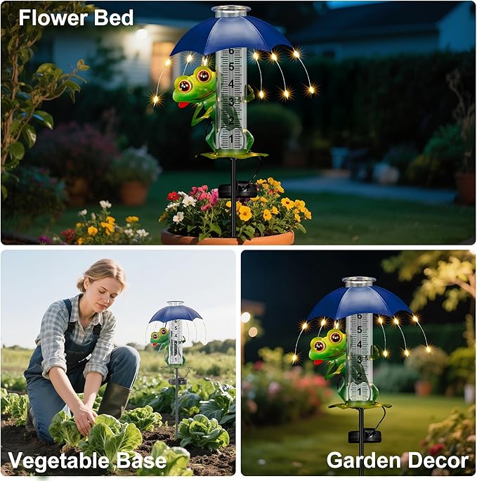 Rain Gauge Outdoor, Frog Rain Gauges with LED Solar Lights Yard Decoration, Metal Yard Art Garden Statues Frog Gifts for Women, Funny Rain Gauge Outdoor Decorative for Patio Garden Decor