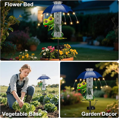 Rain Gauge Outdoor, Frog Rain Gauges with LED Solar Lights Yard Decoration, Metal Yard Art Garden Statues Frog Gifts for Women, Funny Rain Gauge Outdoor Decorative for Patio Garden Decor