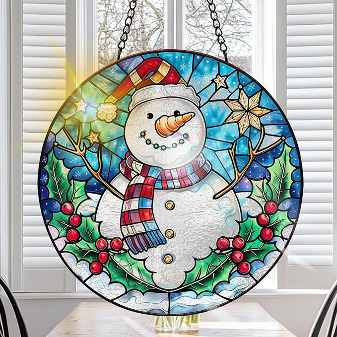 VAIIEYO Christmas Sun Catcher Stained Glass Window Hanging Ornament, Handmade Sun Catcher Snowman Decoration with Hooks for Window Garden Home, Christmas & Birthday Housewarming Gift (7.8 inch)