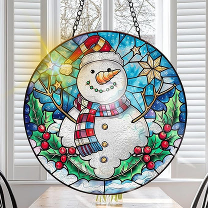 VAIIEYO Christmas Sun Catcher Stained Glass Window Hanging Ornament, Handmade Sun Catcher Snowman Decoration with Hooks for Window Garden Home, Christmas & Birthday Housewarming Gift (7.8 inch)