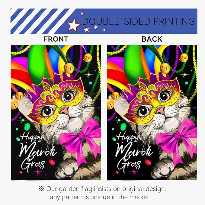 Happy Mardi Gras Garden Flag Masquerade Mask Cat Yard Flags Spring New Orleans Carnival Festival Masquerade Celebration Season Holiday Party Yard Decoration for Outside 12x18 Double Sided