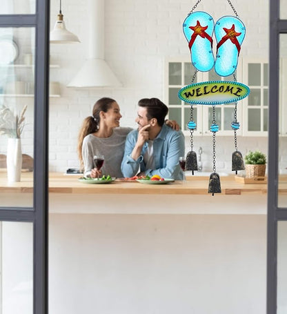 CoTa Global Welcome Flip-Flop Hanging Wind Chimes - Aqua Nautical Wind Chimes for Outside, Sea Glass Art Glass Wind Chimes for Outdoors and Indoors, Perfect Sea Glass Decor for Garden Decoration Art