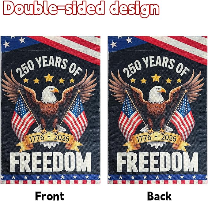 250 Anniversary USA Garden Flags, 250 Year American Anniversary Yard Flags 12x18 Inch Double Sided, Patriotic with Eagle Design Flag 250th Anniversary Decorations for Porch Patio Lawn Garden Decor