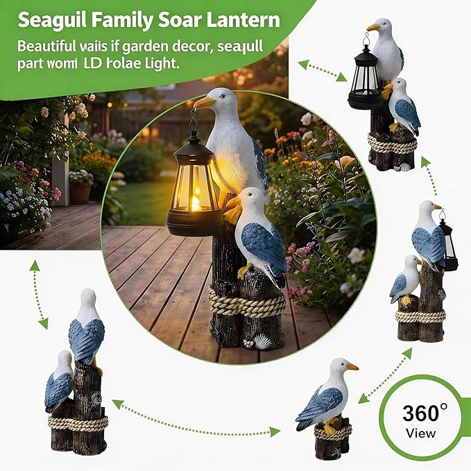 Seagull Solar Garden Outdoor Decor Statues with LED Lantern, Hand Painted Resin Animal Figurine Lights for Patio Lawn Yard Pathway, Unique Coastal Gifts for Women Mom Grandma