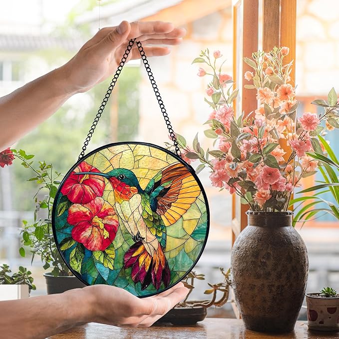 Hummingbird Suncatcher Stained Glass Window Hanging, Hummingbird Flower Sun Catchers Indoor Window Glass Wall Art Decor, Bird Wall Hanging Decor Decorations, 7.9x7.9 Inch 038-MH-BLGH