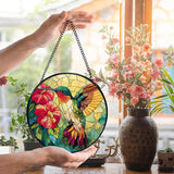 Hummingbird Suncatcher Stained Glass Window Hanging, Hummingbird Flower Sun Catchers Indoor Window Glass Wall Art Decor, Bird Wall Hanging Decor Decorations, 7.9x7.9 Inch 038-MH-BLGH
