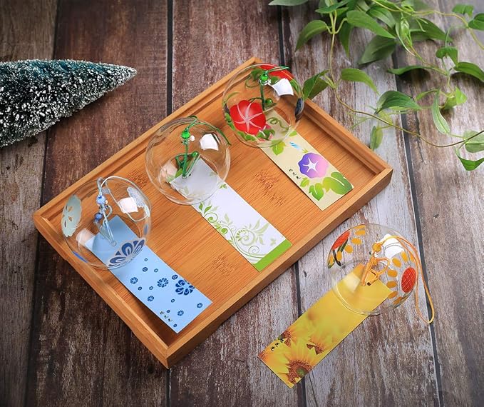 Falytemow Japanese Wind Chimes Romantic Flowers Small Wind Bells Handmade Glass Japanese Style Pendant for Birthday Present Home Decors (Morning Glory, Hibiscus, Sunflower, Willow, 8 cm)