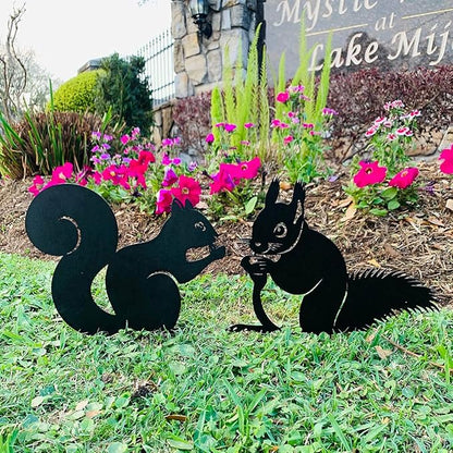 RealSteel Metal Garden Animal Sculptures & Statues – Bunny & Squirrel Yard Art Stake Pack – Outdoor Lawn & Flowerbed Decor – Weather-Resistant Steel Garden Decorations – Gift for Gardeners – Black