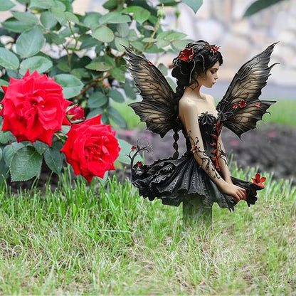Flower Fairy Garden Stake Decor, 2D Flat Acrylic Elf Garden Sign with Stake, Fairy with Magic Sign for Indoor Outdoor Yard Lawn Balcony Pot Plants (Black Fairy)