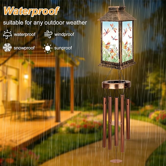YHmall Wind Chimes for Outside, 37" Windchimes Outdoors Birthday Memorial Dragonfly Gifts for Women Mom Grandma, Hanging Solar Lantern Outdoor for Home Patio Yard Garden Decor