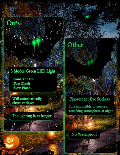 Hanging Bats Halloween Decorations, 12Pcs Halloween Bats with Night Auto-On/Off, Scary Green LED Eyes 3D Bat Wall Decor, Light Up Bat 3 Modes, Outdoor and Indoor Tree Yard Party Decor