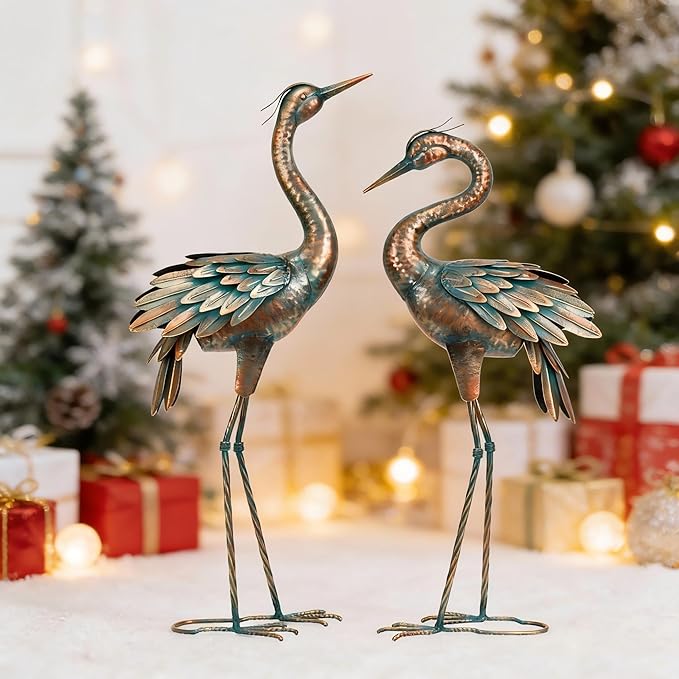 Shorayn Metal Crane Garden Statue, Garden Sculptures & Statues, Bronze Crane Ornaments Yard Art for Backyard Patio Lawn Decorations