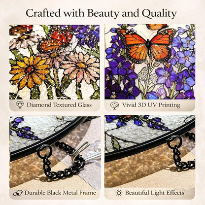 Wildflower Butterfly Suncatcher Window Hanging, 7.8" Stained Glass Decor, Meaningful for Mom, Grandma, Family and Friends, Home Decor for Window, Kitchen, Sunroom and Garden