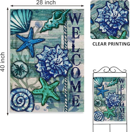 Home Decorative Welcome Summer Coastal House Flag, Nautical Beach Garden Yard Tropical Conch Starfish Shells Outside Decoration, Blue Ocean Sea Outdoor Large Decor Double Sided 28x40