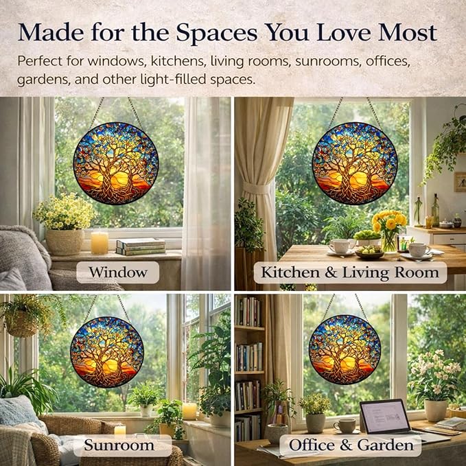 Celtic Tree of Life Suncatcher Window Hanging, 7.8" Stained Glass Decor, Symbolic Gift for Family and Loved Ones, Home Decor for Window, Wall, Living Room, Sunroom and Garden