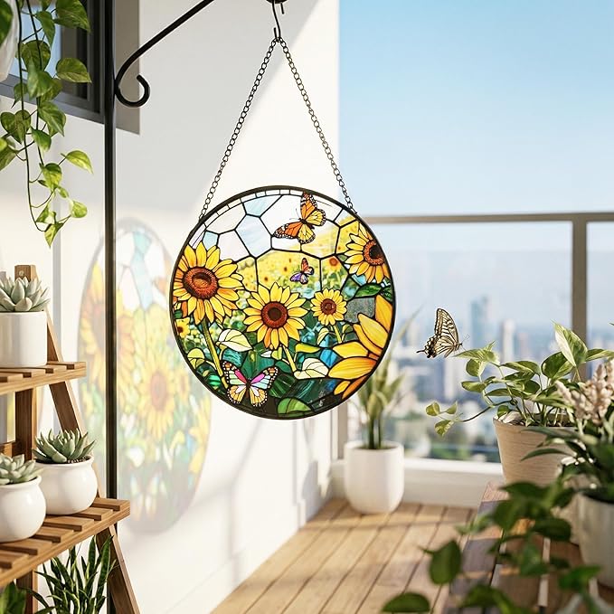 Stained Glass Window Hanging, Sunflowers Suncatcher 7.8 in Sun Catcher Glass Panel Boho Wall Art Decor with Chain Diamond Glass Panel Hangings Scenery Sun Catchers Decor for Lover Couple Mom