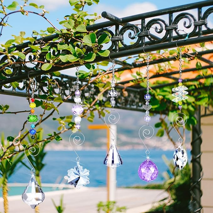 Hicarer 9 Pcs Crystal Suncatchers Hanging Catchers with Chain Colorful Glass Pendant Beads Chandelier Prism Ornament for Window Home Wall Cars Decor Wedding Birthday Anniversary Party Gifts