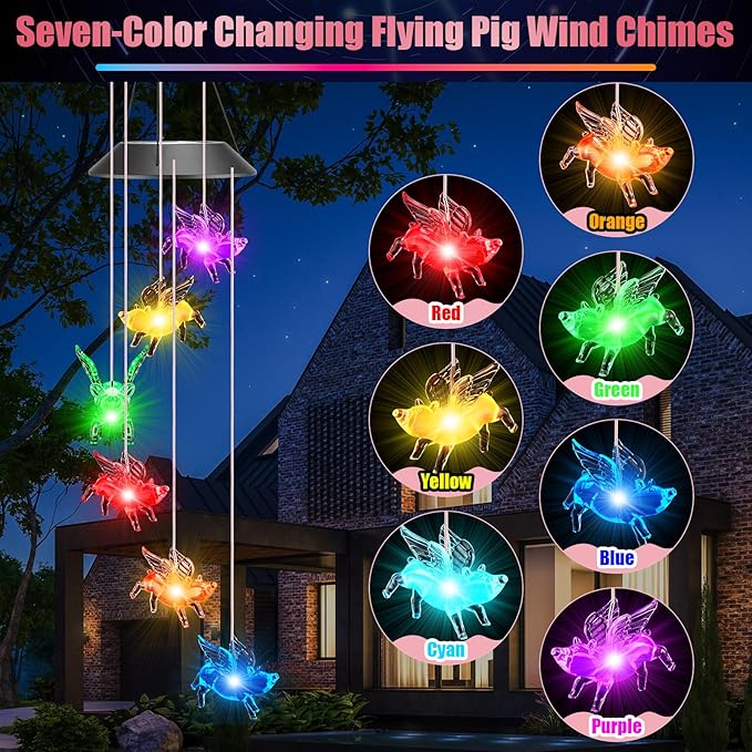 Thyle Outdoor Solar Flying Pig Wind Chimes Lights Color Changing Flying Pig Chimes Romantic Solar Powered Wind Bell Waterproof Lights for Garden Room Patio Indoor Outdoor Decoration