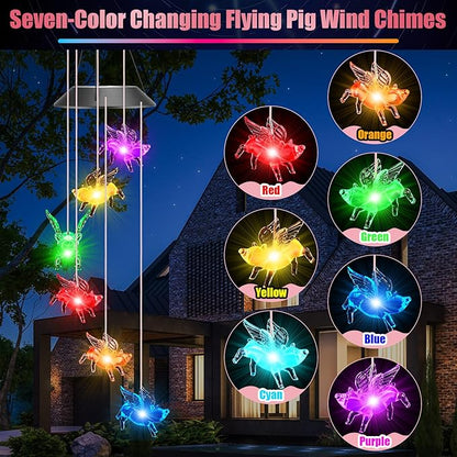 Thyle Outdoor Solar Flying Pig Wind Chimes Lights Color Changing Flying Pig Chimes Romantic Solar Powered Wind Bell Waterproof Lights for Garden Room Patio Indoor Outdoor Decoration