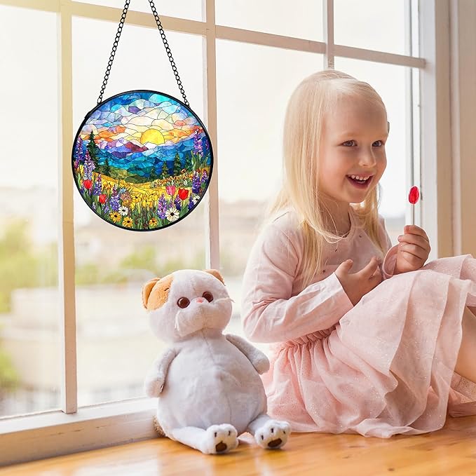 Spring Wildflower Landscape Suncatchers Stained Glass Window Hanging, Cottagecore Flower Sun Catchers Indoor Window Glass Round Wall Decor, Floral Wall Hanging Decorations, 7.9x7.9in