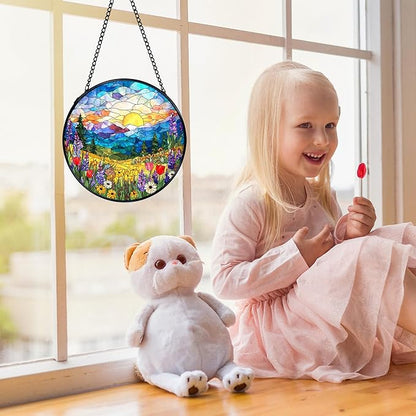 Spring Wildflower Landscape Suncatchers Stained Glass Window Hanging, Cottagecore Flower Sun Catchers Indoor Window Glass Round Wall Decor, Floral Wall Hanging Decorations, 7.9x7.9in