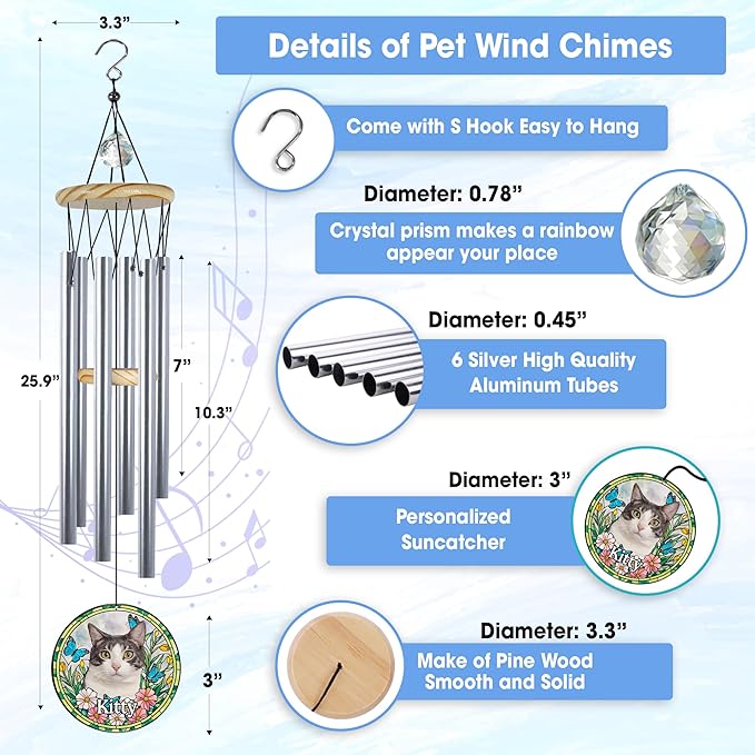 Personalized Pet Memorial Wind Chimes, Custom Crystal Pet Memory Suncatcher Ornament, Pet Memorial Gifts for Dogs, Cat Bereavement Keepsake for Women Nana Mom, Memorial Wind Chimes Garden Décor