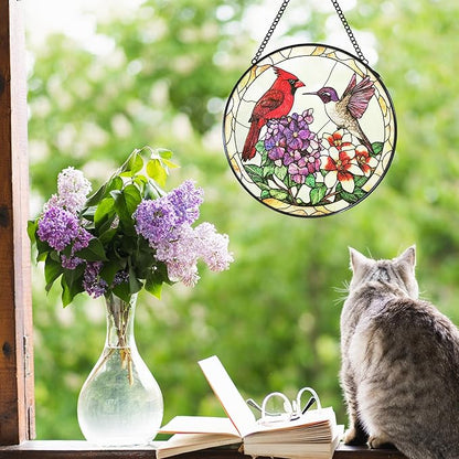 Cardinal Hummingbird Stained Glass Window Hanging Suncatcher, Flower Bird Sun Catcher Indoor Window Decor, Birds Lover Gifts Painted Glass Round Wall Hanging Decorations, 7.8x7.8 in