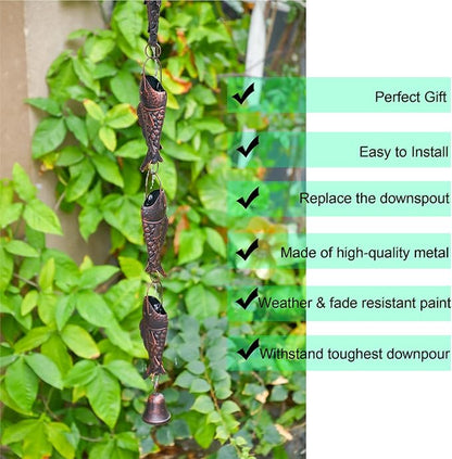 Antique Bronze Rain Chain with Rainbow Trout for Heavy Rain, Functional and Decorative Replacement Downspout Chain for Outside, Rain Catcher Chain for Gutters, 8.5FT