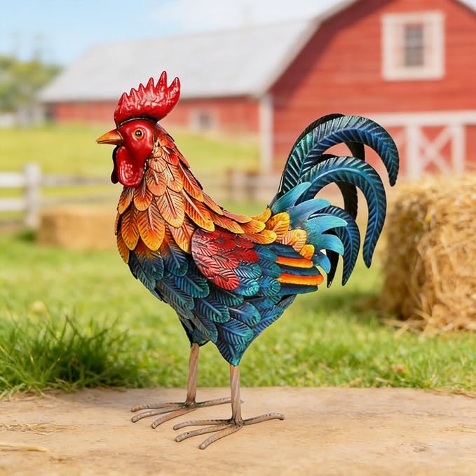 Shorayn Metal Rooster Statues Outdoor Garden Decor Metal Chicken Sculptures & Statues Chicken Ornaments Yard Art for Backyard Patio Lawn Decorations