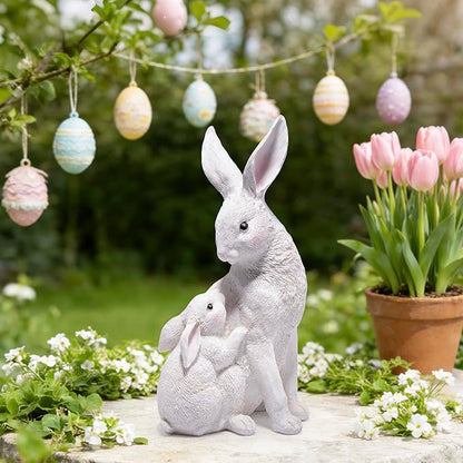 basen Outdoor White Bunny Figurines Mother and Baby Rabbit Resin Decor, Weather Resistant Garden Statue for Yard Patio Lawn, Easter Spring Decoration, Cute Animal Ornament for Home or Gift