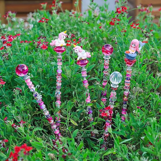 AIPRIDY 158 Pcs DIY Fairy Wand Garden Stakes Kit,Multiple Color Scheme European Beads Crystal Diamond Tops and 12 or 10 Inch Threaded Rods,Stainless Steel Stakes with Diamond Toppe(Rose Red)