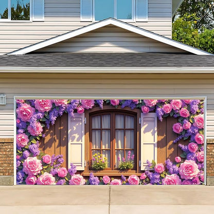 13x6 ft Rose Covered Window Garage Door Banner - Vintage Window with Climbing Flowers Backdrop, Hanging Garage Decor - for Garden Theme Wedding Decor, Romantic Outdoor Wall Sign