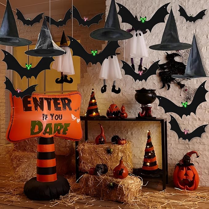 Halloween Hanging Bats 12 Pieces 3D Realistic Scary Bats and 6 Witch Hats Costume Accessories Party Decorations for Yard Sign Outdoor Indoor Lawn Decor