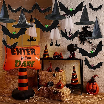 Halloween Hanging Bats 12 Pieces 3D Realistic Scary Bats and 6 Witch Hats Costume Accessories Party Decorations for Yard Sign Outdoor Indoor Lawn Decor