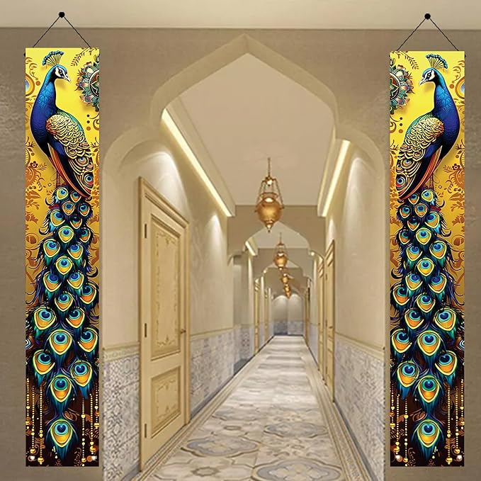 Peacock Porch Banners 180x30 CM Elegant Golden Peacock Decorations Hanging Door Signs Outdoor Home Decor Entryway Welcome Banner for Porch Patio Garden Party